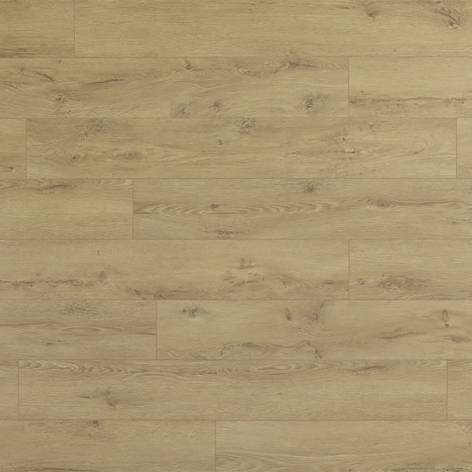 Laminado Sicilia Oak, com um tom castanho médio amarelado, acabamento mate e réguas médias.