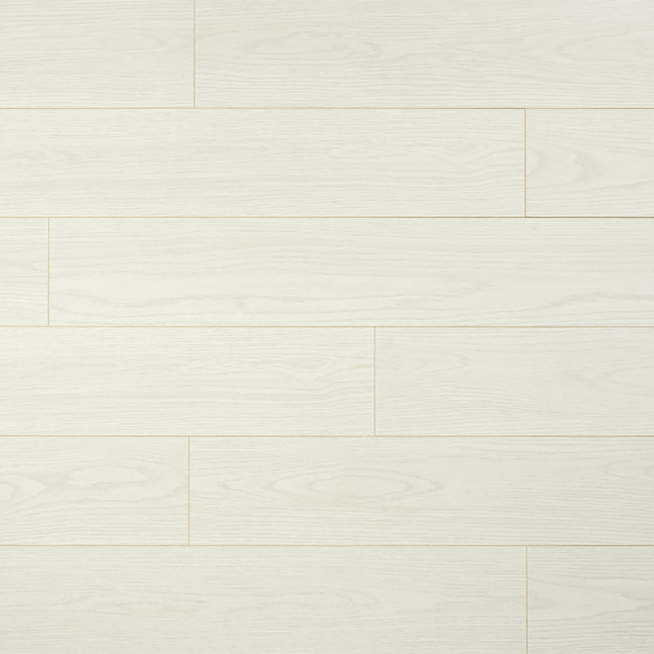 Laminado Urban Oak White, branco, acabamento mate e réguas standard.