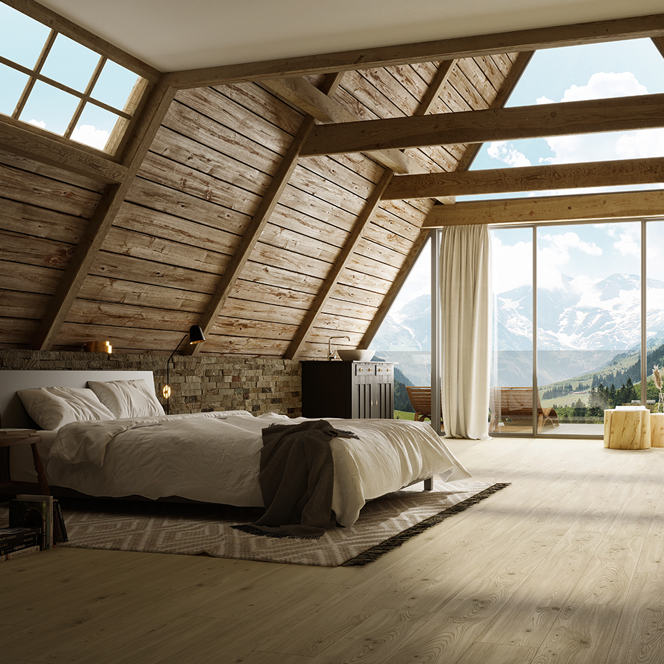 Imagem ambiente do laminado Alpine Nature, creme, acabamento mate e réguas standard.