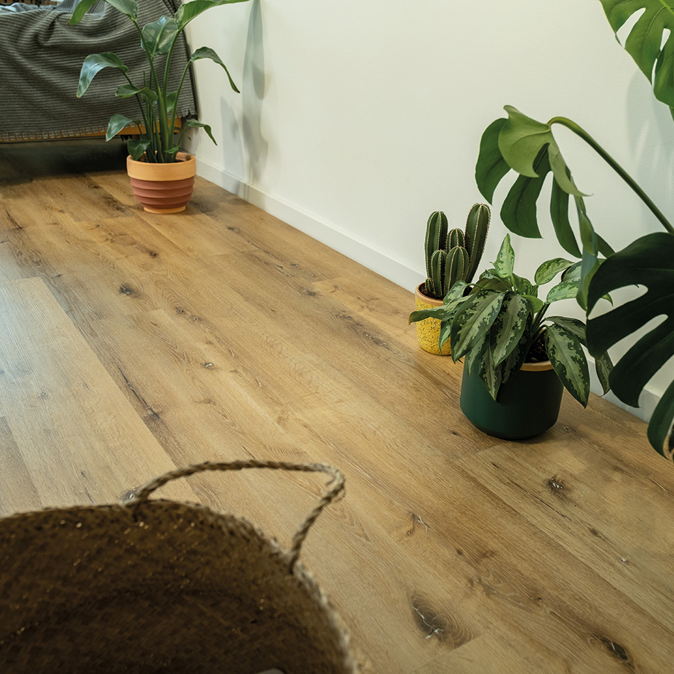 Imagem ambiente do vinílico Camel Winter Oak, castanho, disponível com sistema de clique.