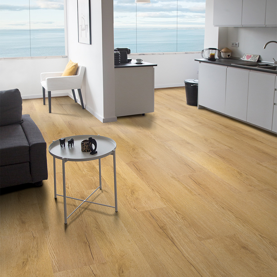 Imagem ambiente do vinílico Sepia Classic Oak, castanho claro, disponível com sistema de clique.