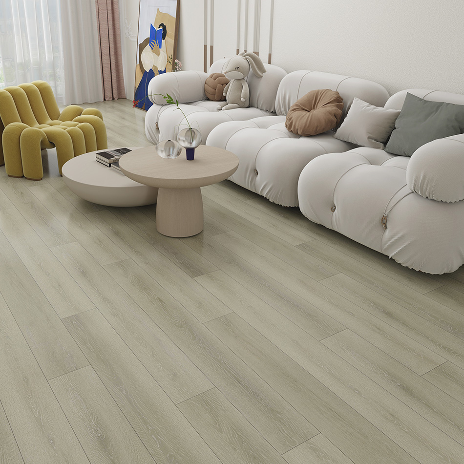 Imagem ambiente do vinílico Carvalho Cinza Claro, disponível com sistema de clique Unilin.