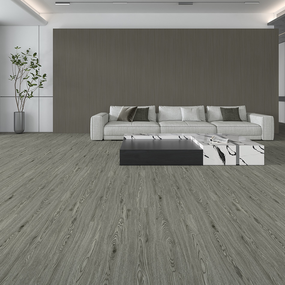 Imagem ambiente do vinílico Castanho Cinza Escuro, disponível com sistema de clique Unilin.