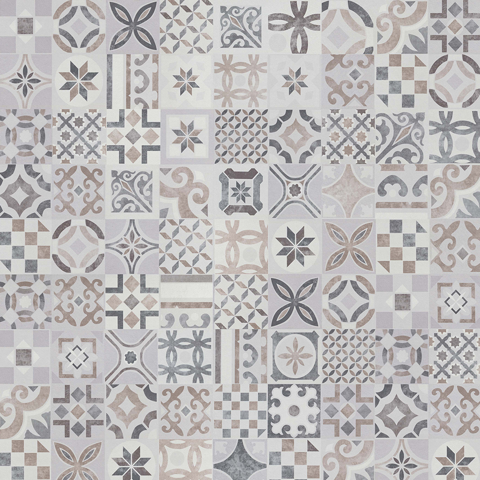 Laminado Belle Epoque Invierno, fundo cinza claro com padrões de azulejo, acabamento mate e réguas standard.