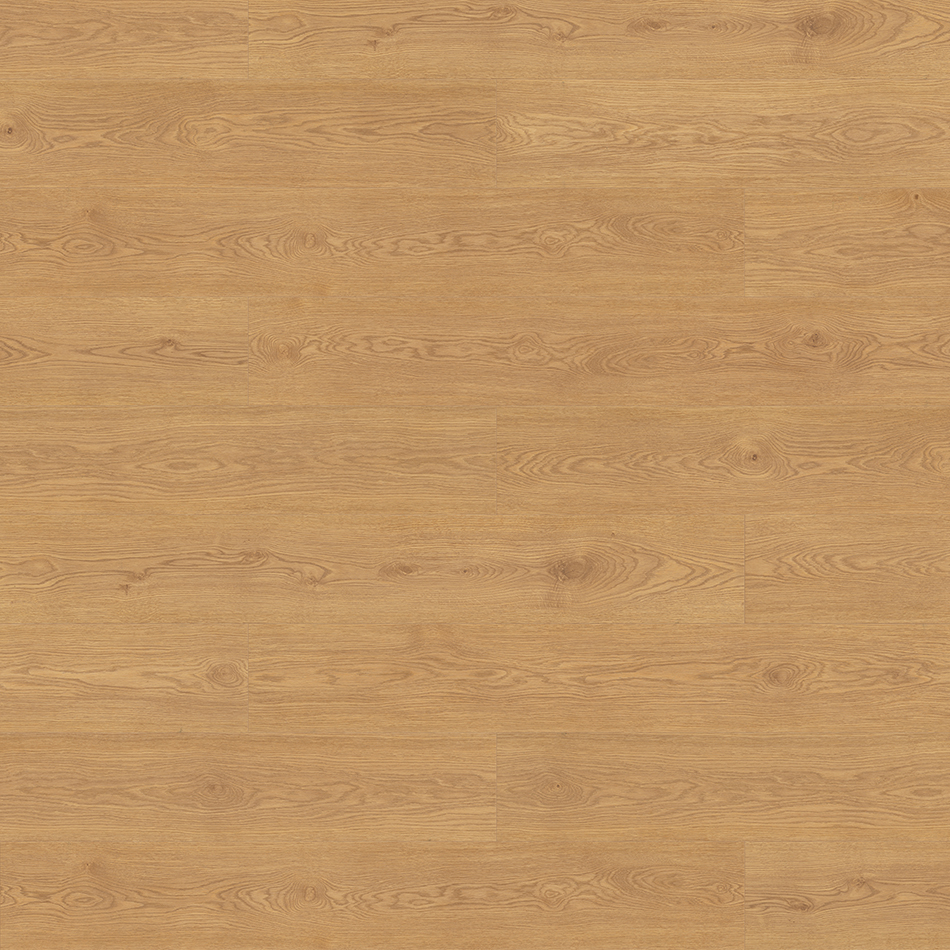 Laminado Roble Ambar, bege amarelado, acabamento mate e réguas standard.