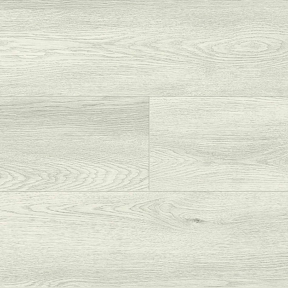 Laminado Off White Oak, com uma cor branca escura, acabamento mate e réguas estreitas.
