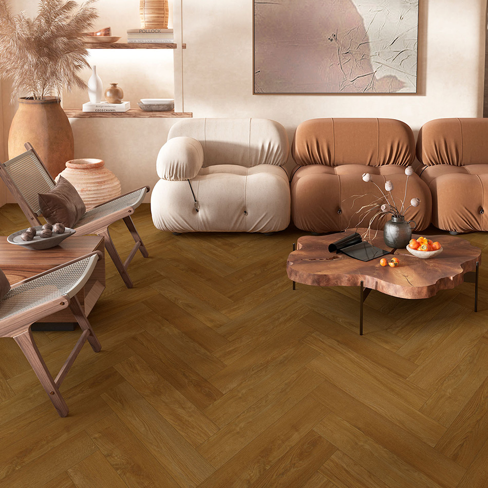 Vinílico Ambar Power Oak, castanho, disponível com sistema de clique ou para colar.